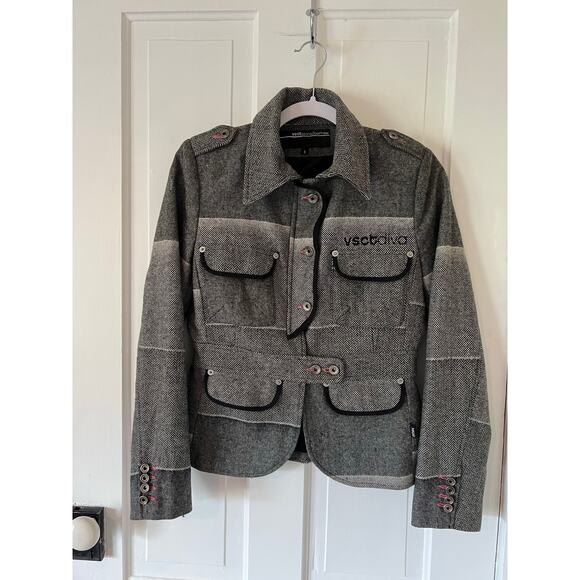 Vsct diva women’s small tweed blazer euro houndstooth chevron black & white 90s - Picture 1 of 8